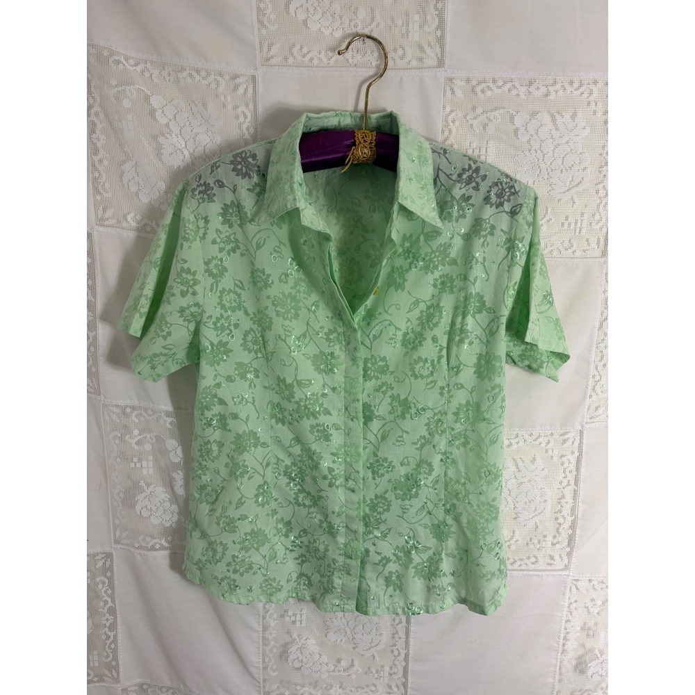 Mint Green Semi Sheer Whimsy Short‎ Sleeve Floral Button Down Blouse Size L